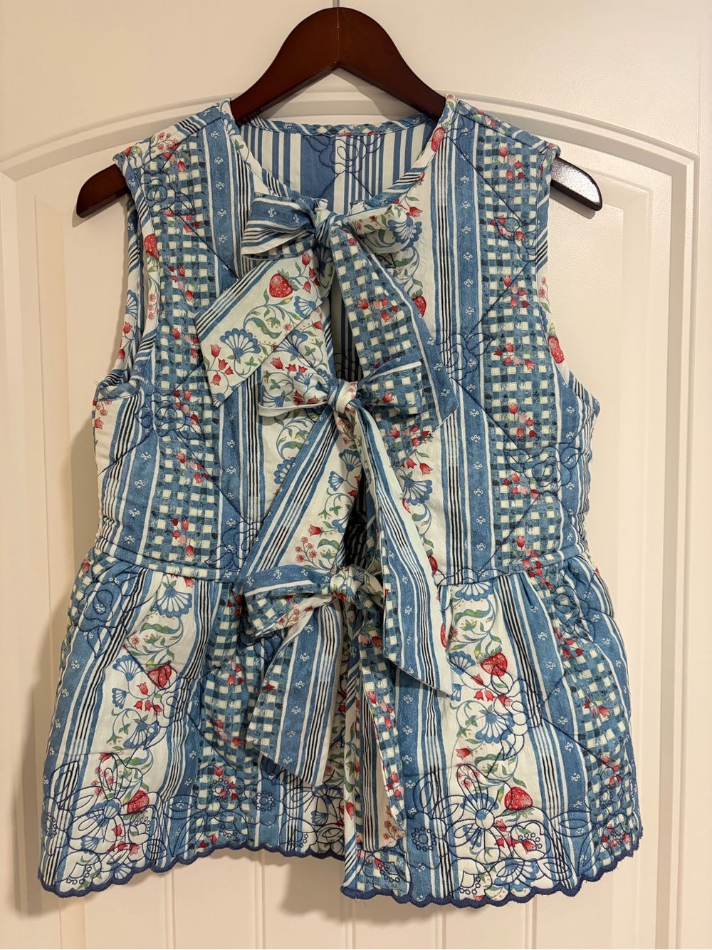 Blue Floral Stripe Bow-Front Quilted Vest